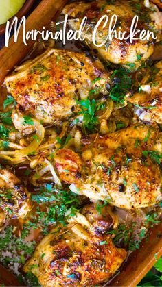 the chicken dish is prepared and ready to be cooked in the oven with fresh herbs