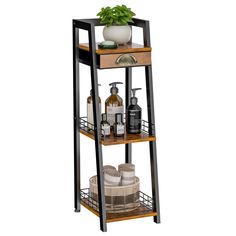 three tiered shelf unit with soap and lotion