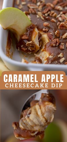 caramel apple cheesecake dip with pecans and apples