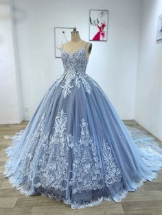 Dusty Blue Lace Ball Gown Puffy Quinceanera Dress - DollyGown Blue Ball Gown Wedding Dress, Quinceanera Themes Dresses, Blue Ball Gown, Tulle Neckline, Quinceñera Dresses, Quinceanera Dresses Blue, Blue Ball Gowns, Quinceanera Themes, Lace Ball Gowns