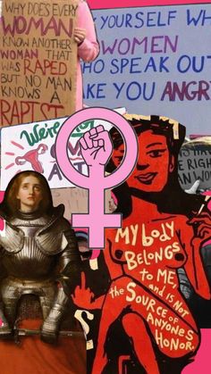 collage of women's rights and signs with woman in armor on the front