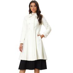 This coat features unique buttons, and the mid-thigh length hem drapes beautifully over a variety of different looks. This coat with a flat collar and A-line hem adds a feminine and elegant feel to your winter look. A good choice for winter and cold fall. No matter what look you slip it over, this winter coat adds a layer of warmth and finishes the refined, warm, and effortless day-to-night look. Long Dress Coat, Double Breasted Long Coat, Vintage Winter Coat, Belted Wrap Coat, Unique Buttons, Long Peacoat, Winter Overcoat, Long Overcoat, Winter Outwear