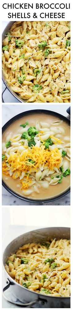 two pictures showing the process of making chicken broccoli shells and cheese casserole