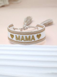 1pc Embroidered Mama Heart Design Bohemian Tassel Woven Bracelet White    Polyester     Women Fashion Jewelry, size features are:Bust: ,Length: ,Sleeve Length: