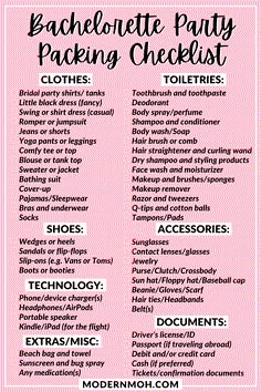 the bachelor party packing checklist is shown on a pink background with black and white text