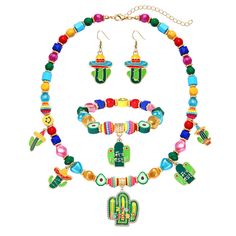 PRICES MAY VARY. Light your friends up in style for your Cinco de Mayo celebration with our Cinco de Mayo necklace bracelet and earrings set!Fiesta beaded necklace designed with classic blue,red,yellow,pink and green plastic beads decorate sparkly enamel cactus,sombrero,chili pepper,letter happy fiesta pendant,and match with a pair of beaded charm bracelets and Cinco de Mayo dangle earrings.Make a statement for Cinco de Mayo fiesta! Add a little color to your Cinco de Mayo celebration outfits!Festive Mexican fiesta dangle earrings are a great addition for your big bash or to brighten up your attire before you hit the bars in search of the perfect beer and guacamole,the adorable Fiesta pinata sombrero earrings is sure to please any crowd! Ready for a fiesta?This impressive assortment of par Adjustable Green Fun Jewelry, Fun Adjustable Dangle Jewelry, Multicolor Southwestern Summer Jewelry, Southwestern Colorful Beads Jewelry For Summer, Fun Dangle Jewelry For The Beach, Fun Beach Jewelry With Dangle Style, Fun Beaded Jewelry For Vacation, Southwestern Colorful Beaded Summer Jewelry, Fun Multicolor Adjustable Jewelry