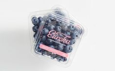 some blueberries in a plastic container on a white surface