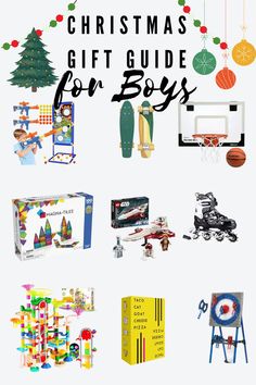 the christmas gift guide for boys is on display in front of a white background with colorful ornaments