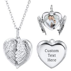 PRICES MAY VARY. Heart Locket Memorial Necklace: Wear this personalized engraved photo/Text heart locket necklace to keep your favorite photo memories closest to your heart and preserve your cherished happy moments to memory your eternal love and beautiful memories. Material: This engraved picture heart necklaces for women is made of 925 sterling silver, will not fade or tarnish. And the picture in the locket pendants are covered with a protective cover to prevent the image from getting wet and Customized Silver Necklaces With Heart Pendant, Customized Silver Heart Pendant Necklace, Personalized White Gold Heart Charm Necklace, Customized Silver Necklace With Heart Pendant, Personalized Heart Charm Necklaces As Gift, Customizable Silver Heart Jewelry, Personalized Heart Charm Necklace As Gift, Personalized Heart Charm Necklace For Gift, Personalized Sterling Silver Heart Necklace For Gift