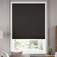 a living room with a couch and window covered in black cellular shades on the windowsill