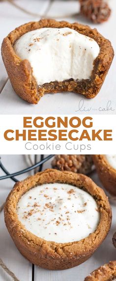 an eggnog cheesecake cookie cup is shown