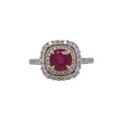 This 14K gold vintage-inspired ring features a round ruby framed by a cushion double halo with a pave diamond-studded shank. A statement ring design perfect for an eye-catching engagement or anniversary. This ring also makes a beautiful July birthstone gift for your loved ones! The occasions to show off this ring are endless - Mother's Day, graduation, wedding, birthday, date night, Christmas, etc. :) This ring is made with solid 14K Gold and naturally Earth-mined SI / G-H diamonds. As listed, t Birthday Date Night, Birthday Date, Designer Silver Jewellery, Night Christmas, Jewelry Showcases, Double Halo, July Birthstone, Ruby Ring, Earring Findings