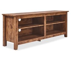 a wooden entertainment center with two open shelves