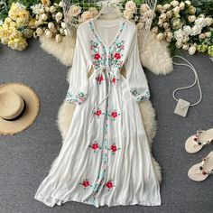 Brand Name: RomildiElasticity: Non StrechSleeve Style: RegularFabric Type: RibPattern Type: FloralFit Type: Regulai FitSilhouette: A-LINENeckline: V-NeckDecoration: EmbroideryStyle: Indie FolkDresses Length: Mid-CalfMaterial: PolyesterAge: Ages 25-35 Years OldClosure Type: PulloverWaistline: empireSleeve Length(cm): Three QuarterSeason: SummerModel Number: ML1034Gender: WOMEN Closet Revamp, Vestidos Retro, Floral Embroidery Dress, Lantern Sleeve Dress, Dress For Summer, Travel Dress, New Retro, Vestidos Vintage, Dress Gift