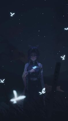 an anime character standing in the dark holding a cell phone with birds flying around her