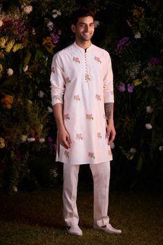 Papyrus white silk chanderi kurta with floral hand block print. Comes with trouser. - Aza Fashions White Chanderi Sherwani For Puja, Handpainted Mens Kurta, White Floral Print Straight Kurta, Mens Floral Kurta, White Sherwani With Printed Motifs, Straight Kurta, Luxury Men's Block Print Kurta, Trouser Pattern, Eid Party, White Kurta