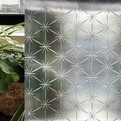 two pictures side by side with plants in the middle and on the right, there is a glass window that has an intricate design