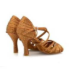 The Paris Gold - Tan Gold-Rhinestones 3.5" Latin and Ballroom Dance Shoes are the epitome of sophistication and comfort for women who want the perfect balance of style and performance. These women’s Latin dance shoes are designed to provide exceptional support while ensuring a sparkling presence on the dance floor. Featuring DTM gold crystal rhinestones, the shoes shine brilliantly from every angle, making them a standout choice for salsa and other Latin dance styles. Known as the Venice in some Gold High Heel Dance Shoes For Party, Gold Heels With Bling And Round Toe, Gold High Heel Dance Shoes For Evening, Gold Low Heel Dance Shoes For Party, Gold Heels For Dance, Fitted Gold Dance Shoes, Fitted Gold Dance Shoes For Formal Occasions, Formal Fitted Gold Dance Shoes, Gold Fitted Formal Dance Shoes