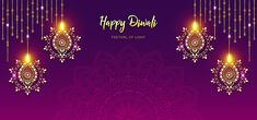 happy diwali festival card with hanging lights and beads on purple background stock photo