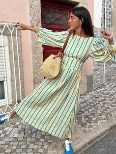 TAVIMART - Casual Stripes Long Dresses Women Loose Backless Lace Up Long Lantern Sleeve Dress Female Summer Fashion Streetwear Lady Measurement In CM size XS S M L bust[cm] 80 84 88 94 sleeve length [cm] 52 53 54 55.5 waist[cm] 68 72 76 82 hip[cm] 146 150 154 160 length[cm] 129 130 131 132.5 Note: 1 inch=2.54 cm Size mearsured by ourselves ,so sometimes it has 1-3cm mistakes. Please check the size carefully before you buy ;if you are not sure about size,please contact us first .Thanks! Long Striped Dress, Backless Long Dress, Street Dress, Streetwear Mode, Lantern Sleeve Dress, Dress Women Elegant, Linen Midi Dress, England Fashion, Casual Stripes