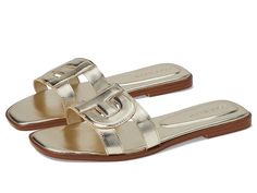 Cole Haan Chrisee Sandals - Women's Sandals : Soft Gold Leather : Experience ultimate comfort showcasing fashion with every step in these slip-on style Cole Haan Chrisee Sandals with smooth salpa welt and cushioned interlocking Iconic CH logo strap detail. These flats feature a slightly square-toe silhouette, lightly padded textile upper and lining, and rubber insole to delight you with comfort while providing superior styling. Boasts patented FlowerFoam rubber outsole for flexibility, traction, and comfort. Imported. Measurements: Heel Height: 1 2 in Weight: 5.3 oz Product measurements were taken using size 7, width B - Medium. Please note that measurements may vary by size. Cole Haan Women, Fashion Sandals, Sandals Women, Gold Leather, Pharmacy Gifts, Women's Sandals, Cole Haan, Flat Sandals, Women's Shoes Sandals