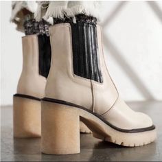 Free People James Chelsea Boots Bone Free People Cream And Black Leather James Chelsea Boots In The Color Bone Chunky Block Heel And Lugged Sole Design W/ Elastic Side Details And A Slim Silhouette Designed W/ Intentionally Distressed Detailing For A Work In Look Hidden Elastic-Gore Insets At Sides Features A Side Zip Closure, Cushioned Insole, And Almond Toe Leather Upper And Lining And Rubber Sole Comes With Original Box In Excellent Condition, Only Worn Twice, No Flaws Or Rips James Chelsea, Platform Heeled Boots, Chelsea Boots Heel, Color Bone, Platform Heels Boots, Free People Shoes, Leather Chelsea Boots, Rain And Snow Boots, Platform Heels