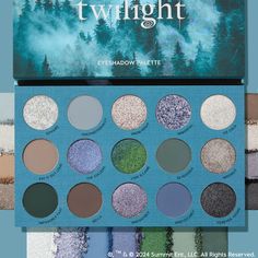 This limited-edition Twilight palette features 15 moody blues, forest greens and sparkling cool neutrals inspired by the iconic film! Create endless vampy looks with shades in Matte, Metallic, Matte Sparkle and Pearlescent Glitter finishes. Our ultra-pigmented pressed powder formula is long-lasting, applies evenly and blends like a dream. Twilight Makeup, Makeup Palette Collection, Sol Body, Lion And Lamb, Magical Makeup, Makeup Package, Twilight Fans, Eyes Lips Face, Colourpop Cosmetics