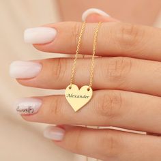 "14K Gold Custom Heart Name Necklace (Personalized Initial Heart Pendant, Dainty Heart Jewelry) is a perfect gifts for her women, a mom, a sister, or your wife on Christmas, birthday, anniversary. Materials: 925K Sterling Silver Charm Size: Height 2cm x Width 2cm Style: Minimalist Chain style: Cable Chain length: from \"12 (+2\" Extender) to \"22 +2\" Extender) -  (+2\" extender for each product to help if you want to adjust)  Finish: Silver, Gold OTHER INFORMATION MATERIAL - We produce our jewe Heart Pendant Necklace With Name For Gift, Gift Heart Necklace With Name, Heart Charm Necklace For Gifts, Heart-shaped Name Necklace As Gift, Heart Shaped Name Necklace For Gifts, Valentine's Day Heart Necklace With Heart Print, Mother's Day Gift Heart Print Necklace, Valentine's Day Wedding Heart Necklace, Heart Cut Name Necklace For Valentine's Day