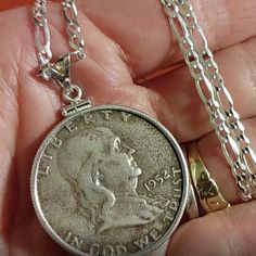 1952 Denver Mint Ben Franklin American .900 Silver Liberty | Etsy Vintage Silver Figaro Chain Jewelry, Vintage Silver Jewelry With Figaro Chain, Vintage Figaro Chain Pendant Jewelry, Ben Franklin, Half Dollar, Old Coins, Coin Pendant, Rope Chain, Coin Collecting