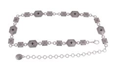 Discover the allure of our exquisite Aztec Design Chain Belt, crafted in gleaming silver and intricately embellished with mesmerizing turquoise and black designs. Elevate your fashion statement with this unique accessory, seamlessly blending ancient charm with contemporary elegance. Shop now and embrace the timeless beauty of Aztec-inspired fashion. Material: alloy metalWeight: ~6.5 ozWidth: 0.9"Length: One size: 45.5"How to style: over a summer dress or jumpsuit!Made in China Silver Jewelry With Jewels For Festivals, Elegant Adjustable Chain Belt As Gift, Elegant Adjustable Chain Belt Gift, Elegant Chain Belt For Gift, Gunmetal Jewelry With Adjustable Chain For Party, Bohemian Adjustable Chain Belt As A Gift, Party Jewelry With Adjustable Chain In Gunmetal, Luxury Silver Metal Chain Belt, Elegant Black Chain Link Jewelry