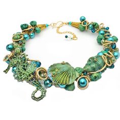 Sea Life Statement necklace - Nurit Niskala Whimsical Wire Wrapped Metal Jewelry, Handmade Turquoise Wearable Art Jewelry, Hand Painted Gold Metal Jewelry, Artistic Beaded Gold Jewelry, Artistic Gold Beaded Jewelry, Artsy Turquoise Nickel-free Jewelry, Artsy Wire Wrapped Jewelry For Gifts, Artsy Wire Wrapped Jewelry Gift, Artsy Beaded Jewelry As A Gift