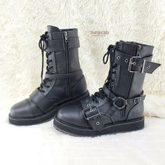 Brand New 1 1/2" (38mm) Platform Lace-Up Front Mid-Calf Boots Harness Strap, Ornamental Metal Zipper At The Outer Side & 2 Buckle Straps Inside Metal Zip Closure Cushioned Foot-Bed Men's Us Sizes Ladies Order 2 Sizes Smaller( Mens 5 = Ladies 7) Black High Ankle Lace-up Boots Alternative Style, Black Gothic Lace-up Boots With Round Toe, Gothic Combat Boots With Rivets For Winter, Punk Lace-up Boots With Buckle Closure, Winter Martin Boots With Round Toe For Concerts, Black Gothic Martin Boots With Round Toe, Gothic Black Martin Boots With Round Toe, Fall Combat Boots With Round Toe For Concerts, Black Lace-up Combat Boots With Rivets