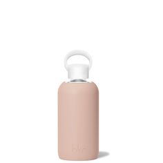 a pink water bottle with a white lid and handle on the front, against a white background