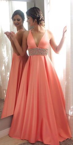 V-neck Gown For Prom, A-line V-neck Dress For Wedding, Elegant Evening Dresses Formal Gowns, Evening Dress Long, Prom Dresses Long Pink, Silk Satin Dress, Elegant Prom, V Neck Prom Dresses, Floor Length Prom Dresses