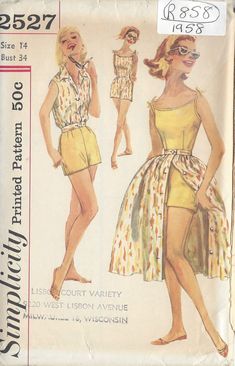 ~ Circa/Date: 1958 ~ Details:  ONE-PIECE PLAY SUIT SKIRT & BLOUSE JACKET  ~ Size/Measurements (Inches):     ~ Size: 14     ~ BUST: 34″     ~ Waist:  26″     ~ Hip: 36″  ~ Please Note: ~ You are buying a 'Professional Reproduced' copy of this sewing pattern. Copied from the original sewing pattern. Produced in Full Scale Pattern Pieces ready to cut with full instructions included. Reproduced on high quality 50 gm paper with black ink, durable and easier for reuse. Printed by a Professional Printing Company.   ~ With this product comes an accompanying 'Booklet' and inside the Booklet it includes: ~ A 2-page Instructions and Illustrations on 'How to Adjust Your pattern to your Personal Measurement.' ~ Personal Measurement Chart ~ Body Form Illustrations ~ Fitting Checklist ~ Metric Equivalenc Playsuit Pattern, Sleeveless Playsuit, Retro Sewing Patterns, Fashion 1950s, Couture Vintage, Simplicity Sewing Patterns, Sewing Pattern Sizes, Mode Vintage, Vintage Sewing Patterns