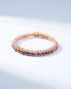 Suzanne Kalan Short Stack Rainbow Sapphire Tennis Bracelet in 18k rose gold Sapphire Tennis Bracelet, Short Stack, Diamonds Bracelet, Rainbow Sapphires, Box Clasp, Tennis Necklace, Baguette Cut, Tennis Bracelet, White Diamonds