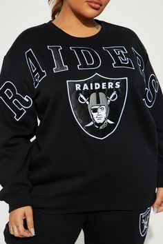 Available In Black. Crew Neck Sweatshirt Long Sleeve Front And Back Screen Ribbed Hem Disclaimer: Due To The Printing Process A Difference In Saturation May Occur. Each Garment Is Unique. 60% Cotton 40% Polyester Imported | Raiders Crew Neck Sweatshirt in Black size Medium by Fashion Nova Black Long Sleeve Sweatshirt For Game Day, Black Tops With Ribbed Cuffs For Game Day, Fall Season Black Top For Sports Fans, Black Fall Fan Gear Sweatshirt, Black Graphic Print Sweatshirt For Game Day, Black Long Sleeve Fan Apparel Sweatshirt, Black Long Sleeve Sweatshirt For Fan Gear, Black Long Sleeve Sweatshirt For Fans, Black Crew Neck Sweatshirt For Fan Gear