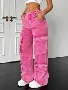 SHEIN USA Homecoming Pants, Cargo Women, Baggy Wide Leg Jeans, Hot Pink Pants, Pants Baggy, Jeans Low Rise, Women Pants, Pink Pants, Low Rise Jeans