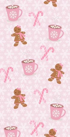 a pink wallpaper with gingerbreads, candy canes and a teddy bear