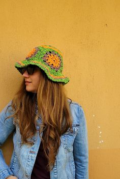 NEW SPRING/SUMMER CREATION Neon green and orange colored granny square flower crochet bucket hat. Cute and stylish granny square bucket hats hand crocheted with trendy color palettes in 2022. ✔️ DESIGN: These hats are  great for spring /summer, holidays, and festivals. They have stylish look in vintage, boho style, great with any outfit, suited for outdoor activities, and casual wear in bright colors .They are a nice treat for yourself, as well as thoughtful presents for friends or valentines. ✔ Yellow Knitted Crochet Hat For Spring, Trendy Green Bucket Hat For Vacation, Trendy Green Crochet Hat For Beach, Trendy Crochet Sun Hat For Spring, Trendy Green Crochet Beach Hat, Trendy Green Crochet Hat For The Beach, Playful Green Brimmed Bucket Hat, Yellow Bohemian Crochet Hat For Spring, Green Yarn Bucket Hat With Curved Brim