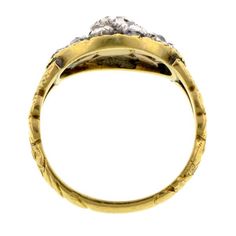 Featuring Rose cut diamonds ranging from 1.5 - 4.0mm, in an open work cluster design with engraved floral band, fashioned in 18k yellow gold & silver. Circa 1820. Size 8. This authentic antique ring is an ethical choice for the environmentally conscious bride & groom. Set with conflict free diamonds. Antique Yellow Gold Brilliant Cut Signet Ring, Antique Yellow Gold Signet Ring With Brilliant Cut, Antique Gold Diamond Ring With Rose Cut Diamonds, Heirloom Diamond Ring For Ceremonial Occasions, Antique Diamond Ring For Ceremonial Occasions, Antique Diamond Ceremonial Rings, Antique Brilliant Cut Diamond Ring In Yellow Gold, Antique Brilliant Cut Yellow Gold Diamond Ring, Antique Yellow Gold Brilliant Cut Diamond Ring