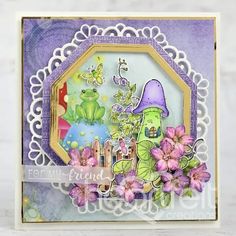 a card with flowers and a frog on it