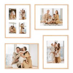 four frames with family photos hanging on the wall in front of a window, and one is holding a dog