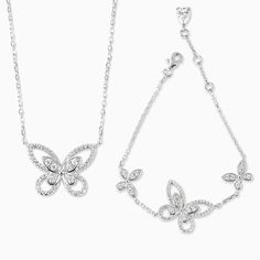 This Dainty Butterfly Jewelry Set will make a simple outfit look classy and elegant. Both handcrafted from 925 sterling silver, the necklace features a sparkling butterfly pendant hanging from a delicate chain while the bracelet features three. Definitely a beautiful set that's sure to make a lasting impression. Premium Materials - Made from authentic gemstones & nickel-free metal Jewelry Tattoo Designs, Butterfly Jewelry Set, Dainty Butterfly, Butterfly Fashion, Simple Butterfly, Classy And Elegant, Look Classy, Jewelry Tattoo, Simple Outfit