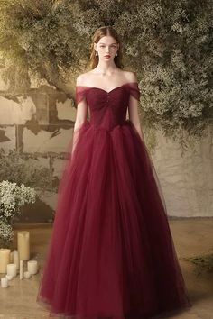 Burgundy Tulle Floor Length Prom Dress Beautiful Off the Shoulder Even – Buyishang Dresses Long Formal Dress, Formal Dance, Floor Length Prom Dresses, Tulle Sleeves, Beaded Tulle, Burgundy Prom Dress, Beautiful Prom Dresses