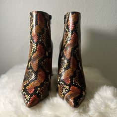 Steve Madden Leather Snakeskin Print Bootie Multi Colors- Brown,Cream,Tan,Orange Size11m Chunky Heel- 4in Zipper Closure Pointy Toe Brand New (Never Worn) W/O Original Box Orange Closed Toe Heels For Fall, Orange Round Toe Boots For Fall, Orange Leather Ankle-high Boots, Chic Multicolor Leather Boots, Orange Pointed Toe Boots For Fall, Brown Leather Heels With Snake Print, Brown Leather Snake Print Heels, Snake Print Leather Heels Medium Width, Leather Snake Print Heels