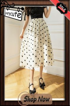 Elegant Polka-dot Skirt Women Summer High Waist Mid-length French Chiffon Skirt Female Fashion A Line Faldas Mujer Polka Dot Long Skirt For Spring, Polka Dot Skirted Bottoms For Summer, Elegant Polka Dot Skirt For Summer, Summer Casual Polka Dot Skirt, Summer Polka Dot Skirted Bottoms, Flared Polka Dot Skirt For Summer, Polka Dot Flared Skirt For Summer, Summer Knee-length Chiffon Skirt, Summer Polka Dot Flared Skirt