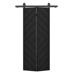 a black door with an arrow design on the top and bottom panel, in front of a white background