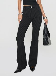 Pagano Pinstripe Flare Pants Black Trendy Pinstripe Wide Leg Bottoms, Trendy Pinstripe Wide Leg Pants, Chic High Waist Bottoms With Vertical Stripes, Chic Pinstripe Trousers, Chic Pinstripe Straight Pants, Black High-waisted Bottoms With Vertical Stripes, Trendy High Waist Pinstripe Bottoms, High Waist Bottoms With Vertical Stripes For Business Casual, Trendy High-waisted Bottoms With Vertical Stripes