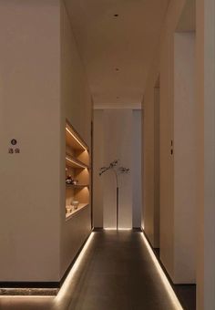 the hallway is lit up with leds and features an elegant vase in the center